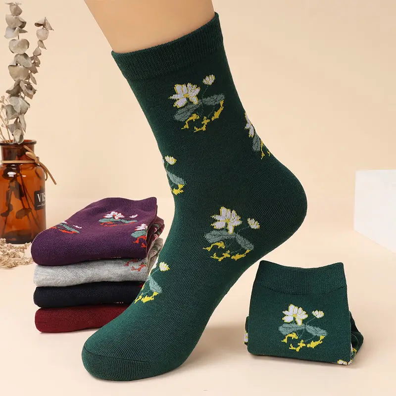 

5 Pairs Of Cotton Ladies Mother Deodorant Spring And Autumn Four Seasons Wide-mouth Jacquard Mid-tube Elderly Women's Socks