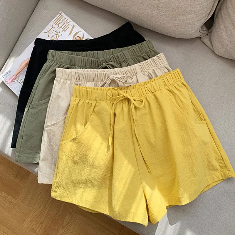 

Новинка 2022, летние женские льняные дышащие спортивные шорты с высокой талией, однотонные повседневные свободные пижамные брюки на завязках, универсальные