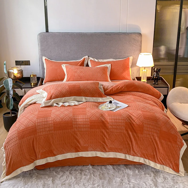 

Orange 3D Carved Velvet Fleece Textured Bedding Set Shaggy Duvet Cover Set Bed Comforter Cover Set Bed Sheet Pillowcases Blanket