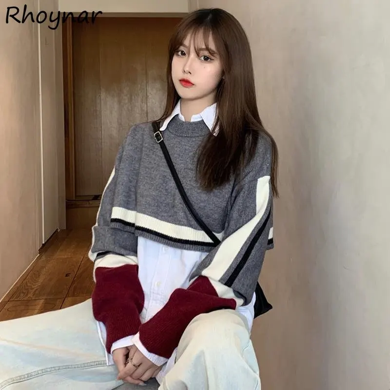 

Two Piece Sets Women Baggy O-neck Cropped Panelled Sweaters Pure Shirts Preppy Streetwear American Vintage Aesthetics Hotsweet