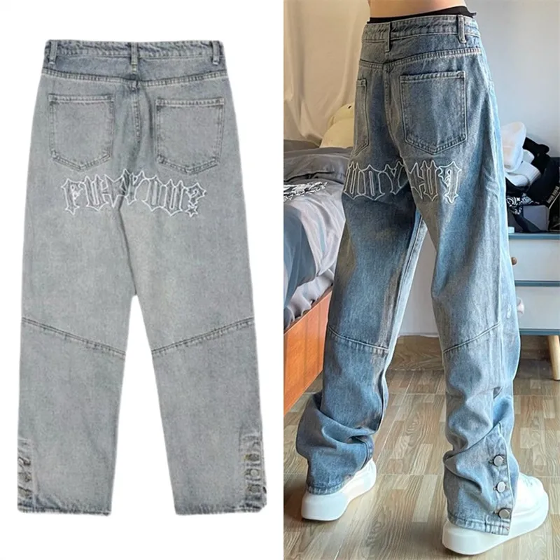 

Тонкие джинсы в стиле ретро с высокой талией в американском стиле панк для мужчин и женщин уличные джинсы Y2K с вышивкой буквами широкие брюки на пуговицах в стиле High Street