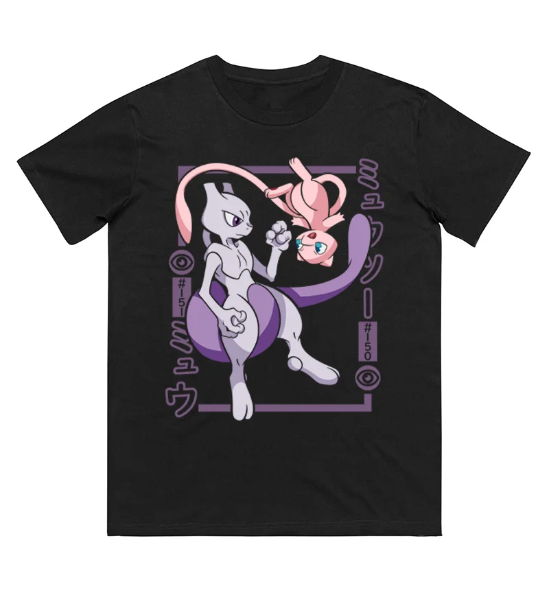 Фото Футболка из чистого хлопка с принтом Pokémon Mewtwo Mew для мужчин и женщин, новая коллекция весна/лето, модная рубашка с короткими рукавами №1