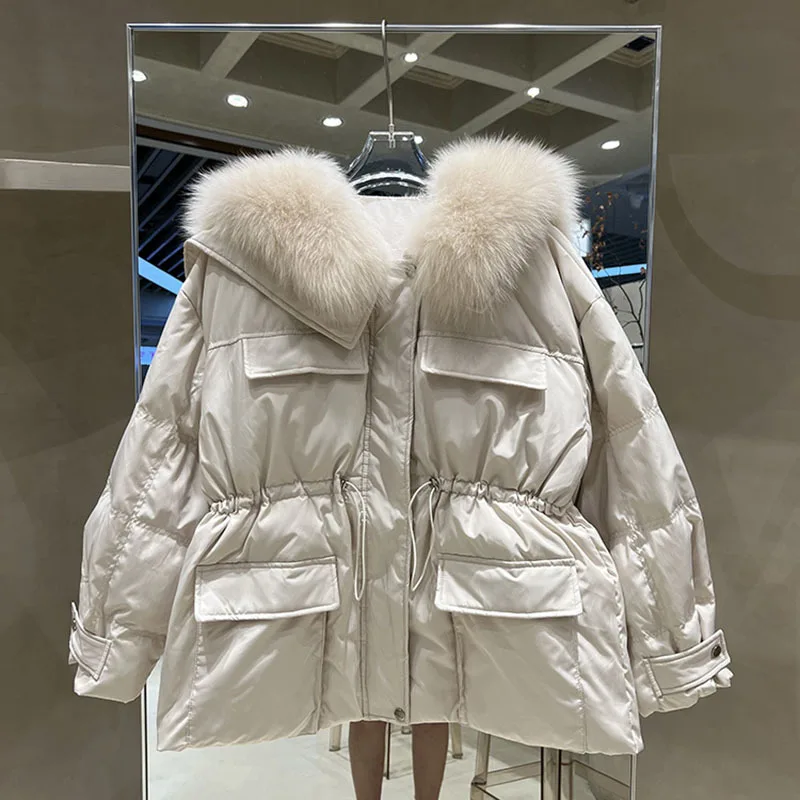 Большая зимняя куртка из натурального Лисьего меха 90% пуховое пальто белой утки