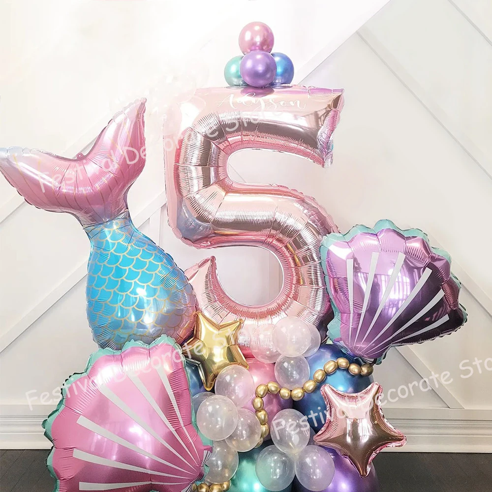 

33Pcs/set Mermaid Party Number Balloons Rose Gold 0-9 Number Foil Balloon Kids Little Mermaid Theme Birthday Party Decorations