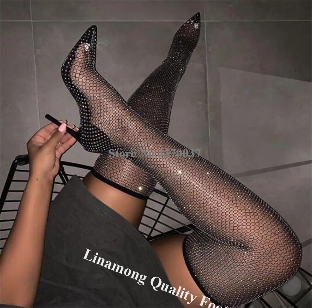 Linamong Bling Bling Rhinestones Mesh Over Knee Boots Pointed Open Toe Clear Sequins Crystals Stiletto Heel Long Boots