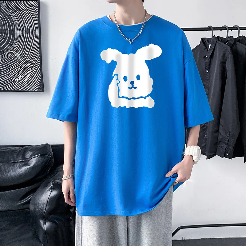 

Short sleeved Cotton T-shirt Unisex Couple Cartoon Rabbit Heavy Duty Cotton 2023 Summer Loose Fit