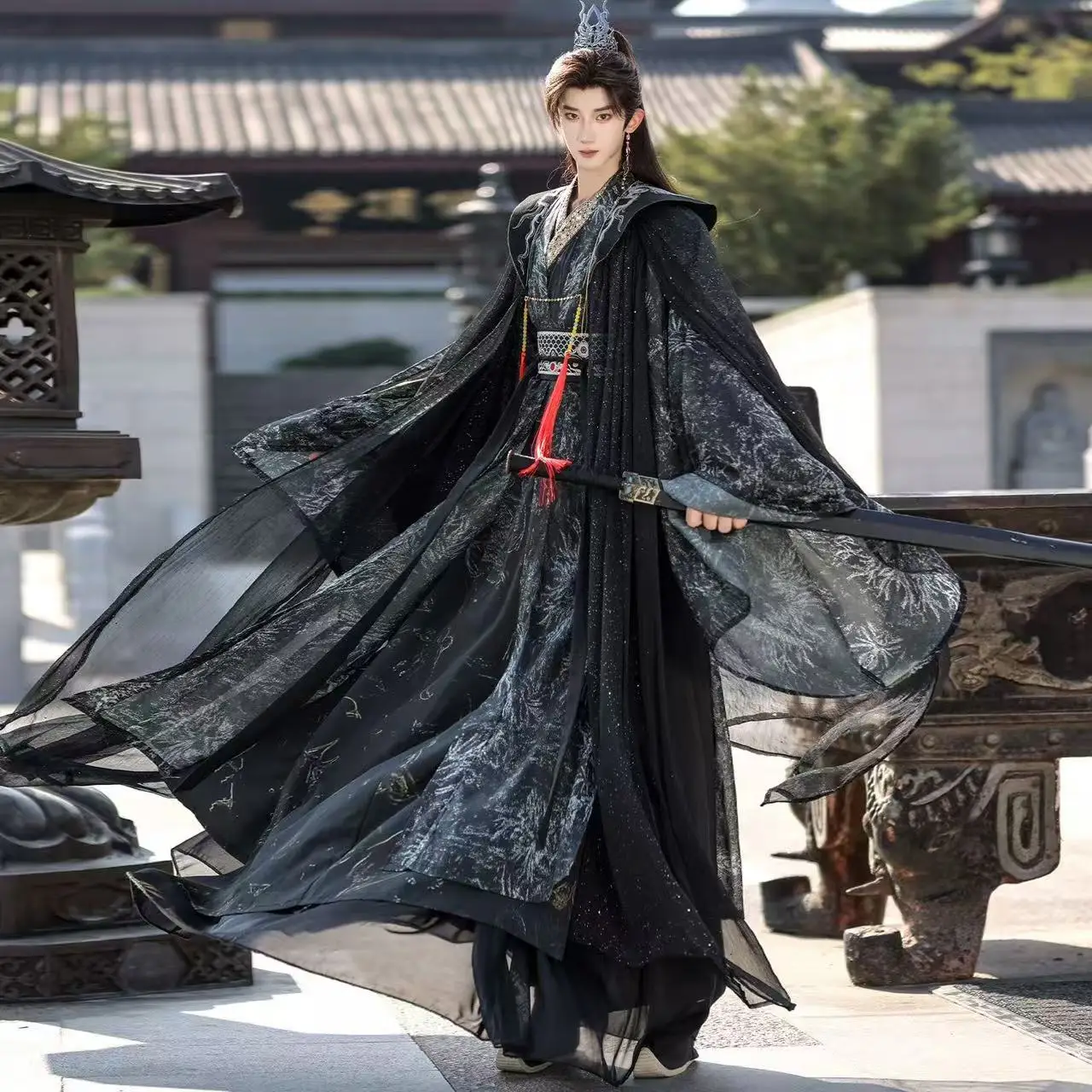 Фото Темно-черный король Hanfu, мужская одежда в традиционном китайском стиле, древний крестовый воротник, халат с большими рукавами, костюмы для косплея из комиксов №5