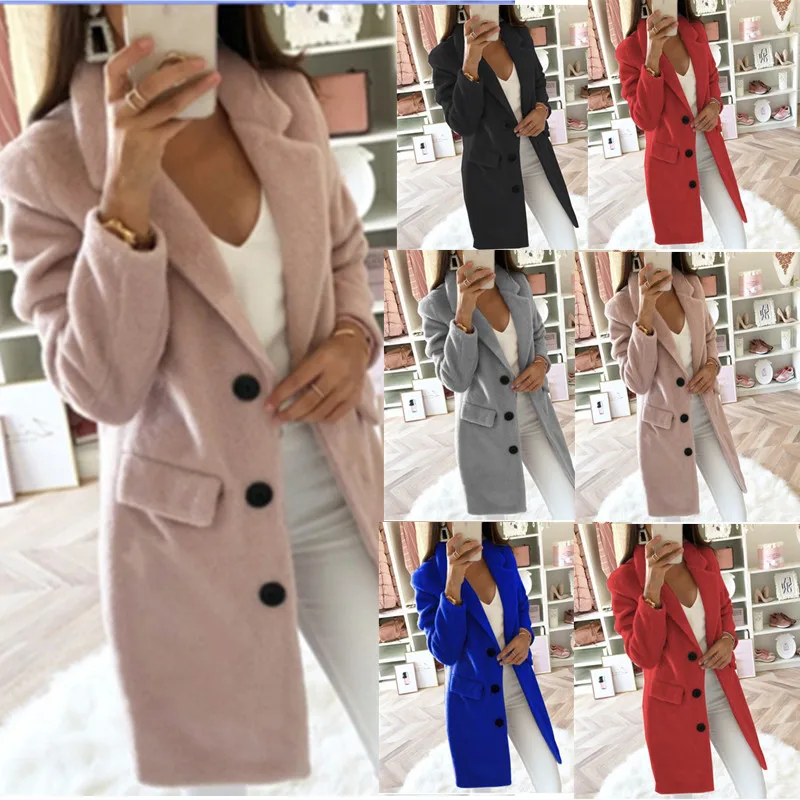 

Autumn and winter solid color suit collar medium long double row button woolen overcoat for women