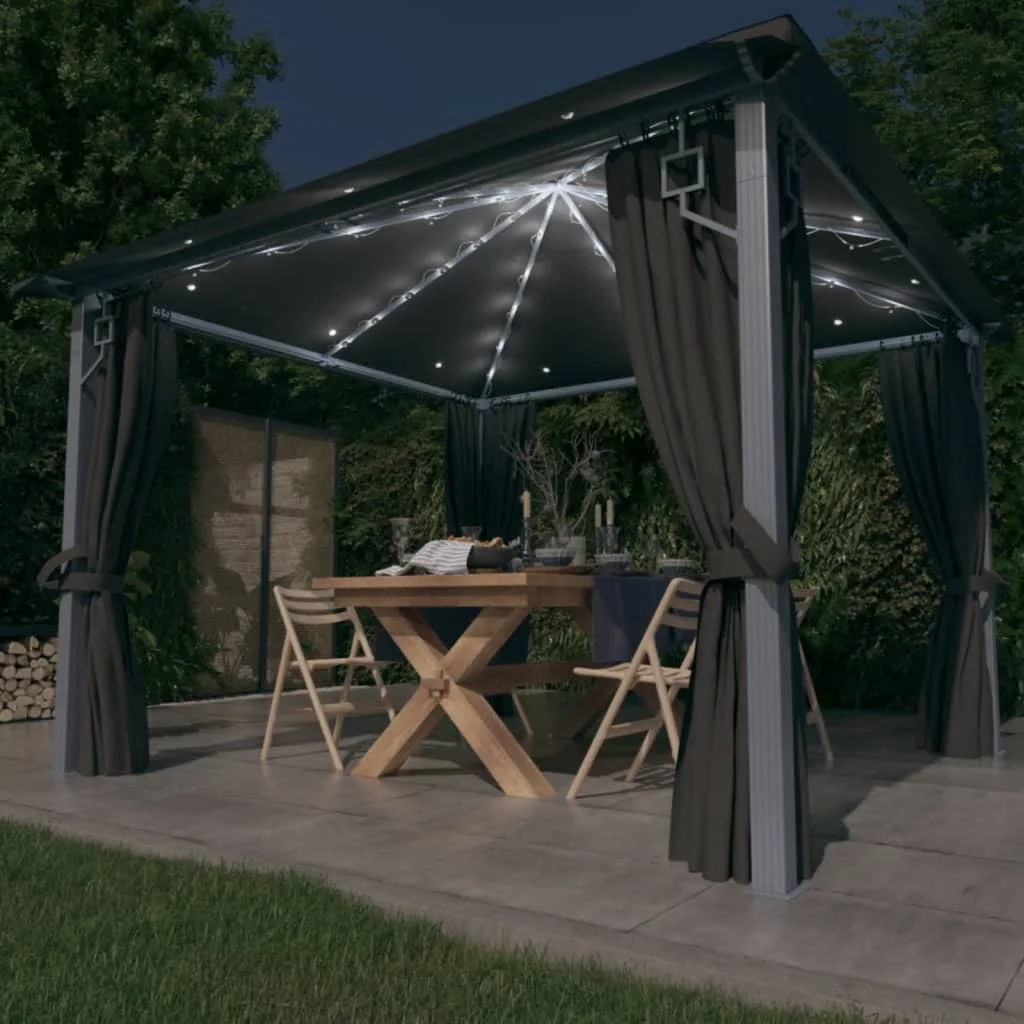 

Gazebo with Curtain&LED String Lights, Garden Decoration, 3x3 m Anthracite Aluminium