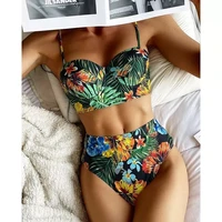 floral print bikinis women high waist swimsuit push up swimwear 2022 leaf bathing suit string padded bra bikini set beach wear