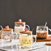 strawberry glass cup with lid spoon transparent cute drinking utensils breakfast coffee milk juice drink tea ins creative milk
