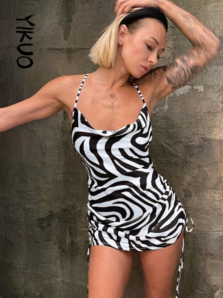 

YIKUO Sexy Zebra Leopard Print Summer Mini Dress Women Spaghetti Strap Backless DrawString Bodycon Dresses Party Outfits