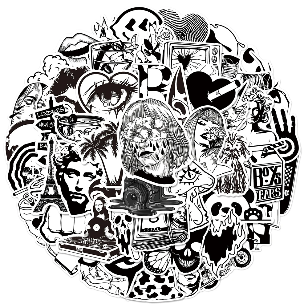 

10/30/50pcs Black and White Minimalist Cartoon Stickers Aesthetic Cool Graffiti Skateboard Motorcycle Laptop Waterproof Sticker