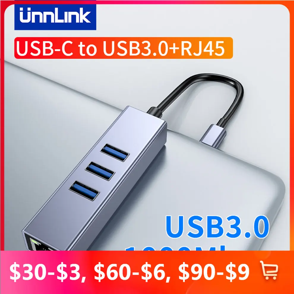 

Разветвитель Unnlink с USB C на USB 1000, RJ45, 100 Мбит/с/3,1 Мбит/с