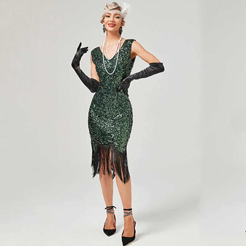 Women V Neck Beaded Fringed Tassels Cocktail Prom Wedding Party Flapper Dress Size XS-3XL  Customized dress size and color