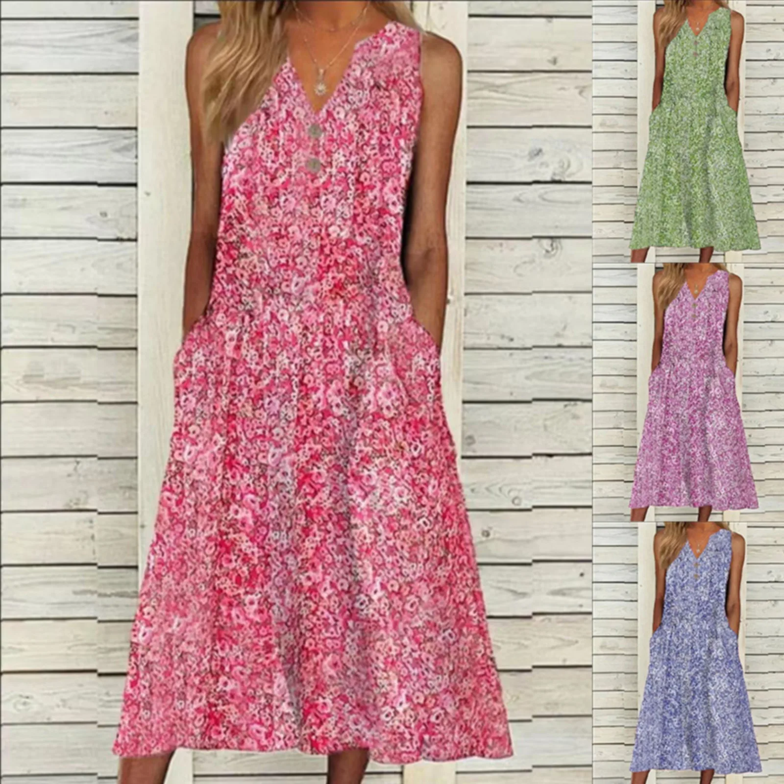 

Summer Women's Printed Dress Loose V Neck Sleeveless Flower Printed Long Dress Long Dresses with Sleeves