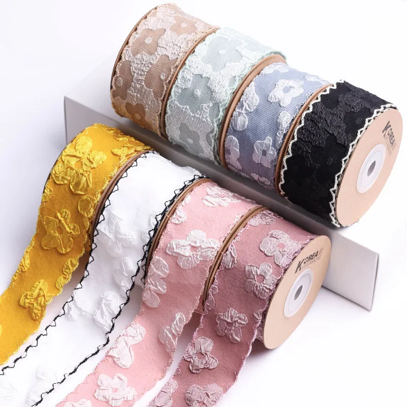 

Cotton Embroidered Ribbon 3D Flower Jacquard Fabric For Making Bow Gift Wrapping Keychain Stripes Craft Supplies Fishnet Tape