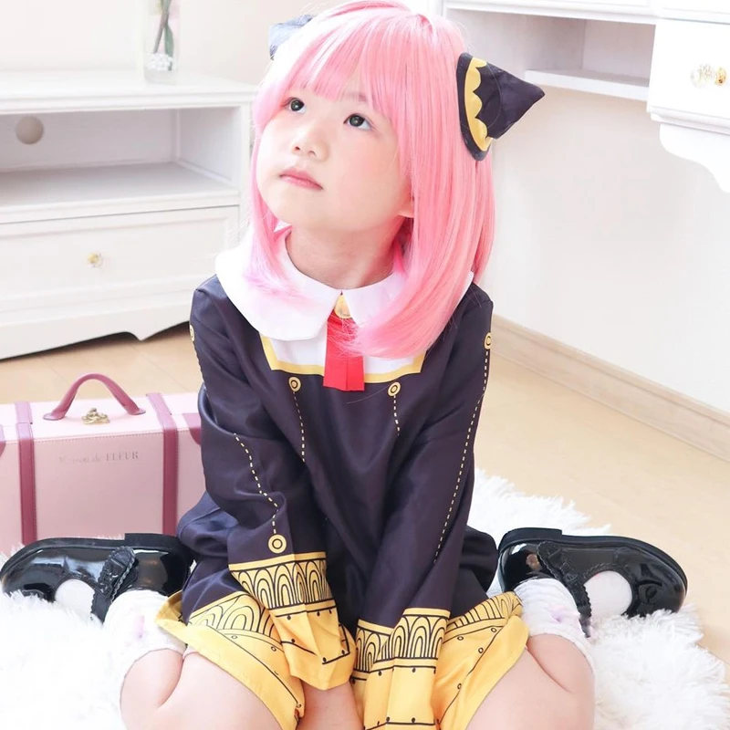 

Anime SPY X FAMILY Anya Forger Cosplay Costume Black Dress Uniform Child Girls Pink Wig Stockings Party Role Outfit Adults Kids