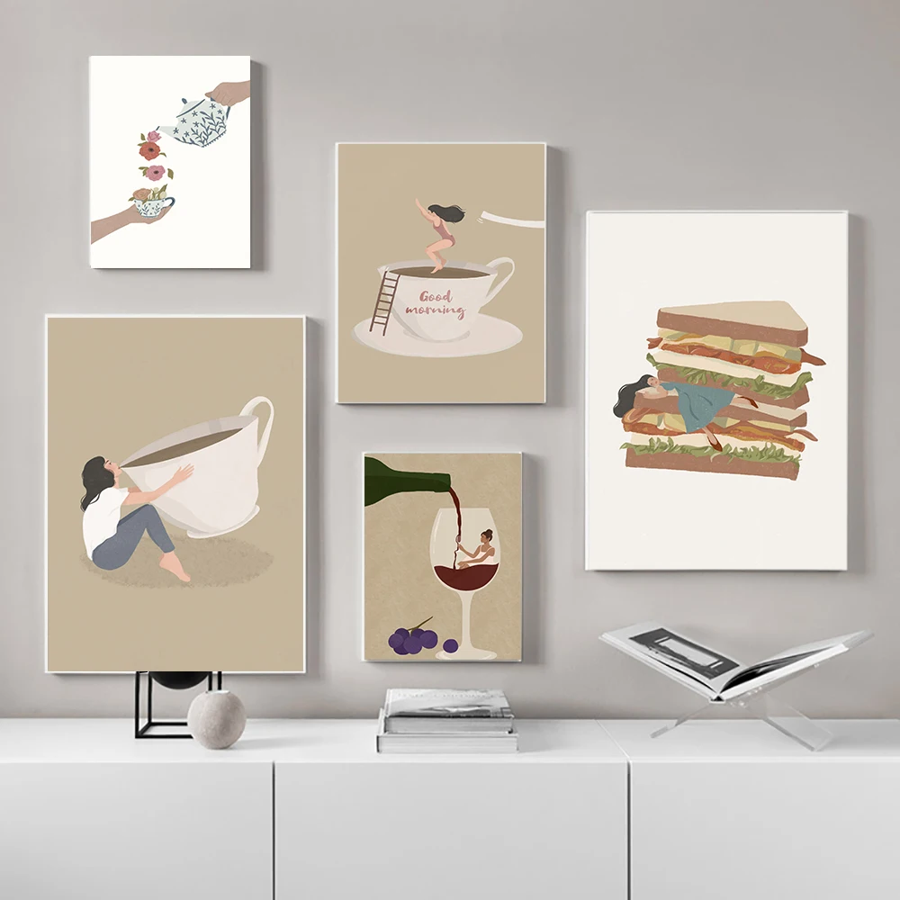 

Flower Tea Cup Wall Art Floral Bouquet Canvas Painting Pot Coffee Print Boho Girl Drink Poster Female Pictures For Kitchen Decor