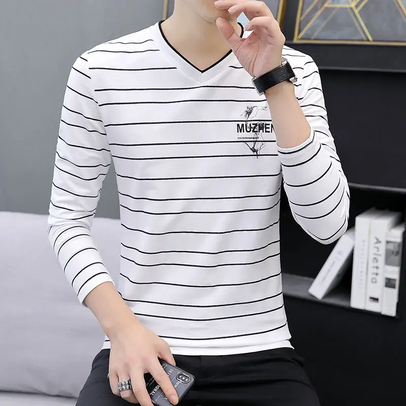 

T Shirts for Men V Neck Tops Letter White Male Clothes Stripe High Brand New Emo Elasticity Japan Sale Long Sleeve Korean Luxury