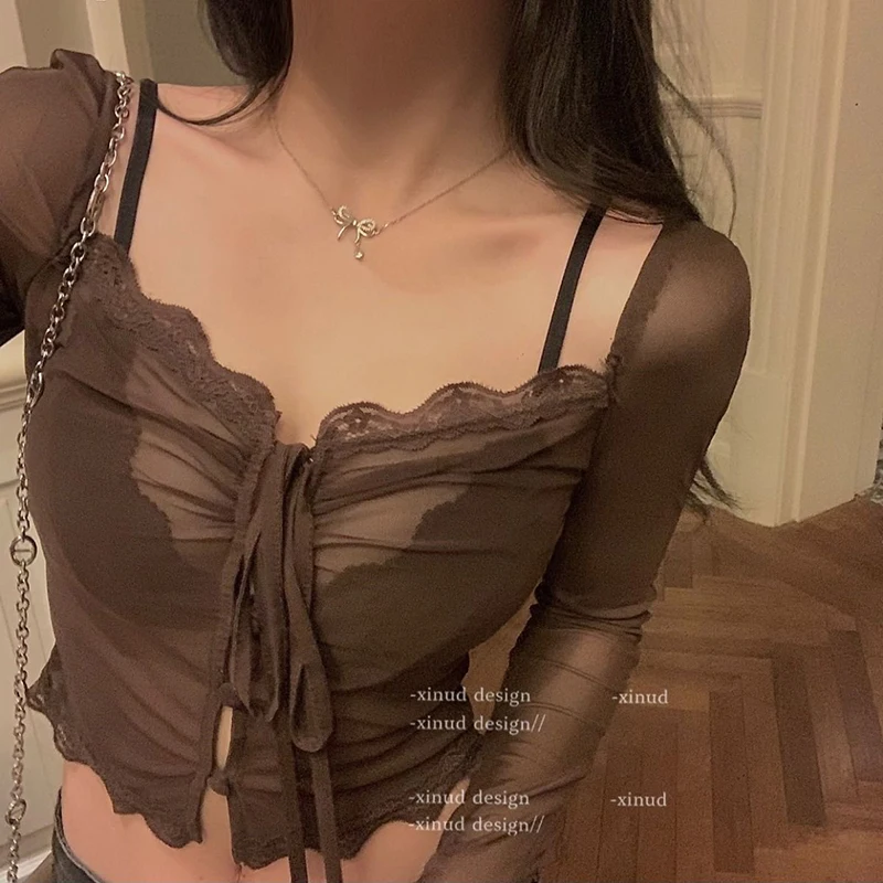 Сексуальные кружевные блузки для женщин Y2K уличная одежда винтажная Укороченная