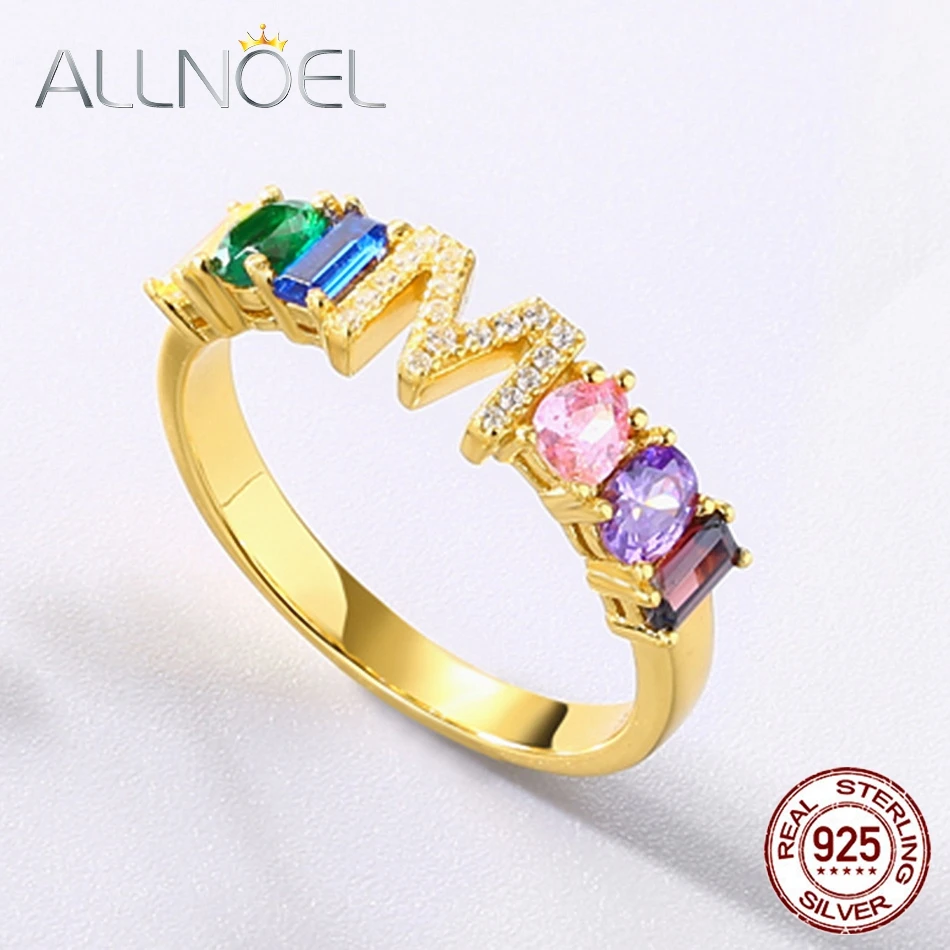 

ALLNOEL 925 Sterling Silver Rings For Women Plated Gold Hand Inlaid Colorful Rainbow Zircon M Letters Fine Jewelry New 2022