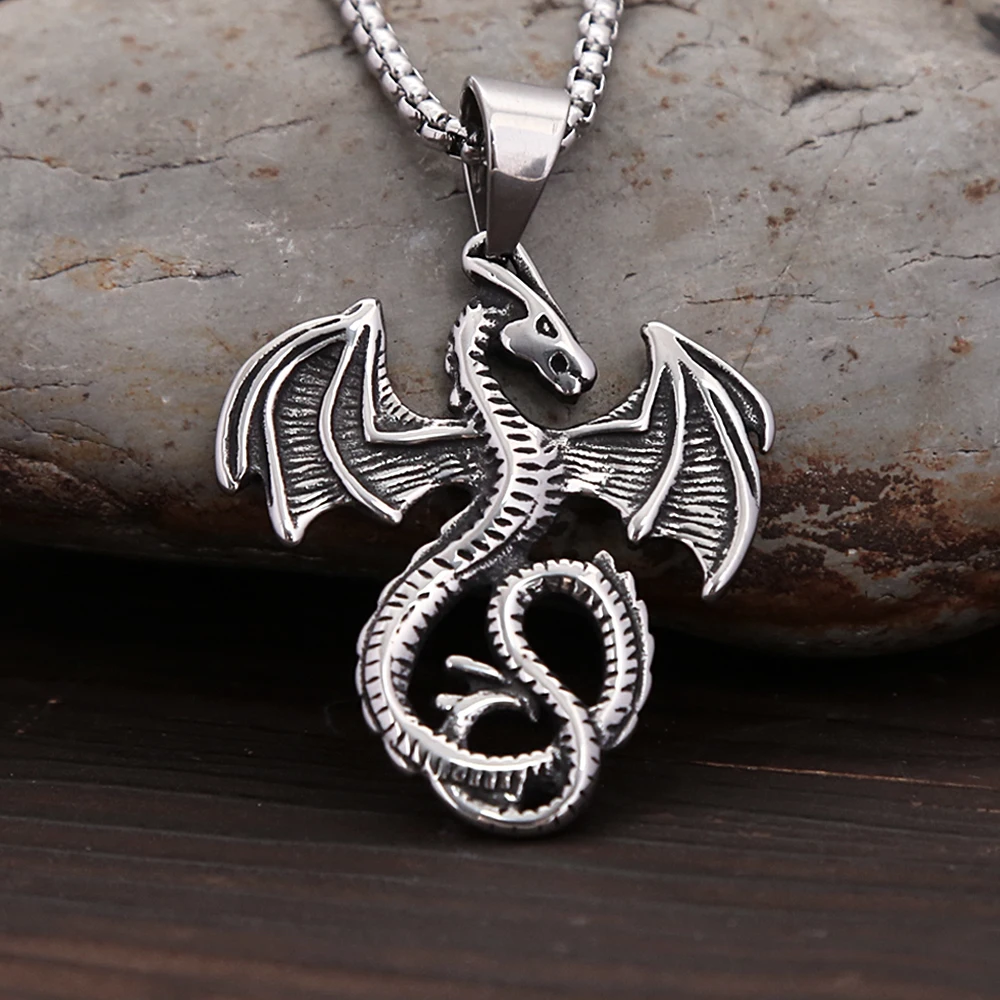 

Punk Vintage Flying Dragon Pendant Necklace for Men Women Biker Stainless Steel Pterosaur Choker Necklaces Charm Jewelry Gifts