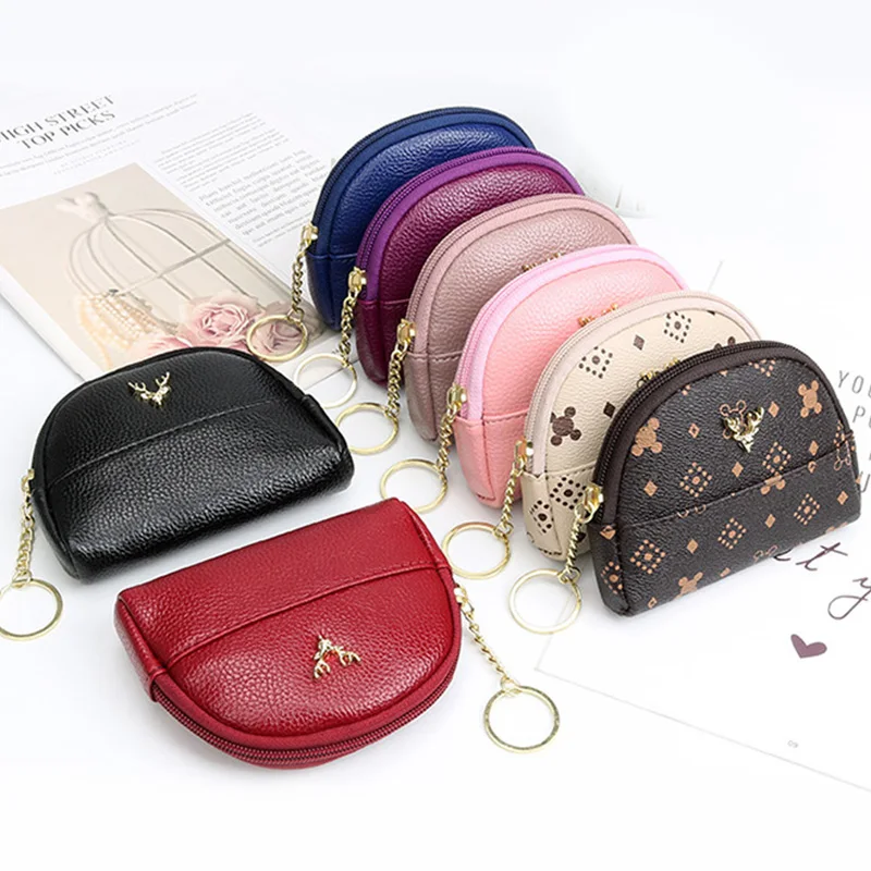 

Zipping Compartment Deer Head Coin Purse Soft Leather Short Coin Wallet Simplicity Print Clutch Bag Vintage Durable Change Purse