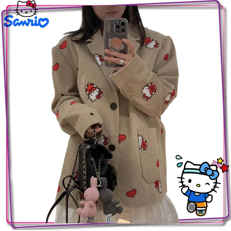 Sanrio Hello Kitty Denim Shirt Jacket Women's Kawaii 2023 Autumn New Loose Korean Suit Y2K Street Loose Fashion Suit Coat Gift