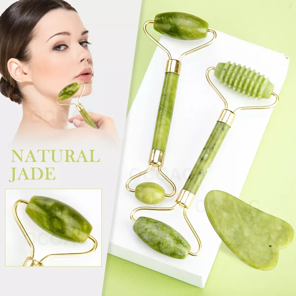 

2pcs Jade Roller Massager For Face Green Gua Sha Jade Stone Massager Face Slimmig Rollers Lift Anti Wrinkle Facial Beauty Skin