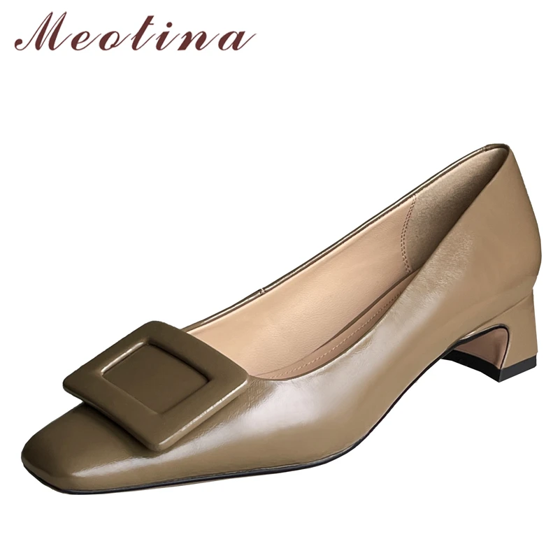 

Meotina Women Shoes Genuine Leather Thick Heels Pumps Square Toe Mid Heel Buckle Lady Footwear Spring Beige Apricot 40 SheepSkin