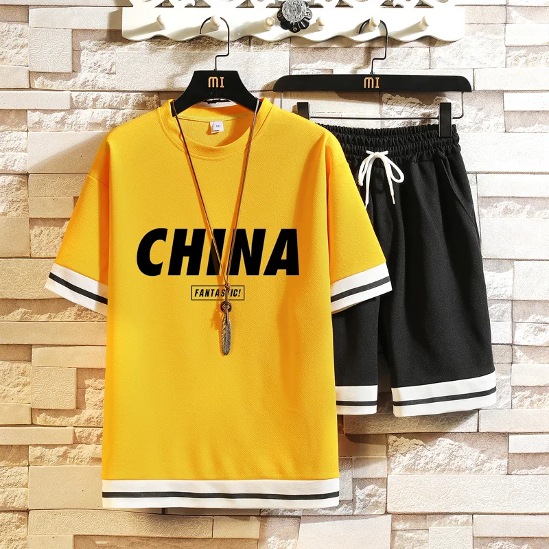 

For 2022 Summer Black White Tracksuits Men's Suit Running Sets Clothes Sports Joggers Gym Fitness Man Set T SHIRT + Short Pants