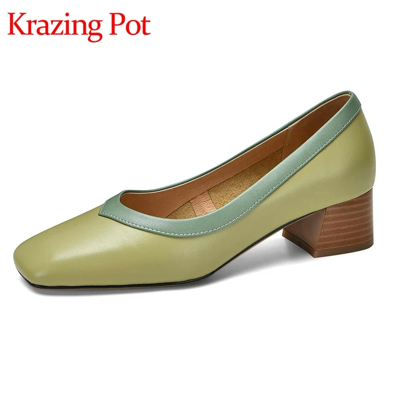 

Krazing Pot Genuine Leather Square Toe Med Heel Mixed Colors Young Lady Daily Wear Shallow Slip on Fashion Cozy Women Pumps L11