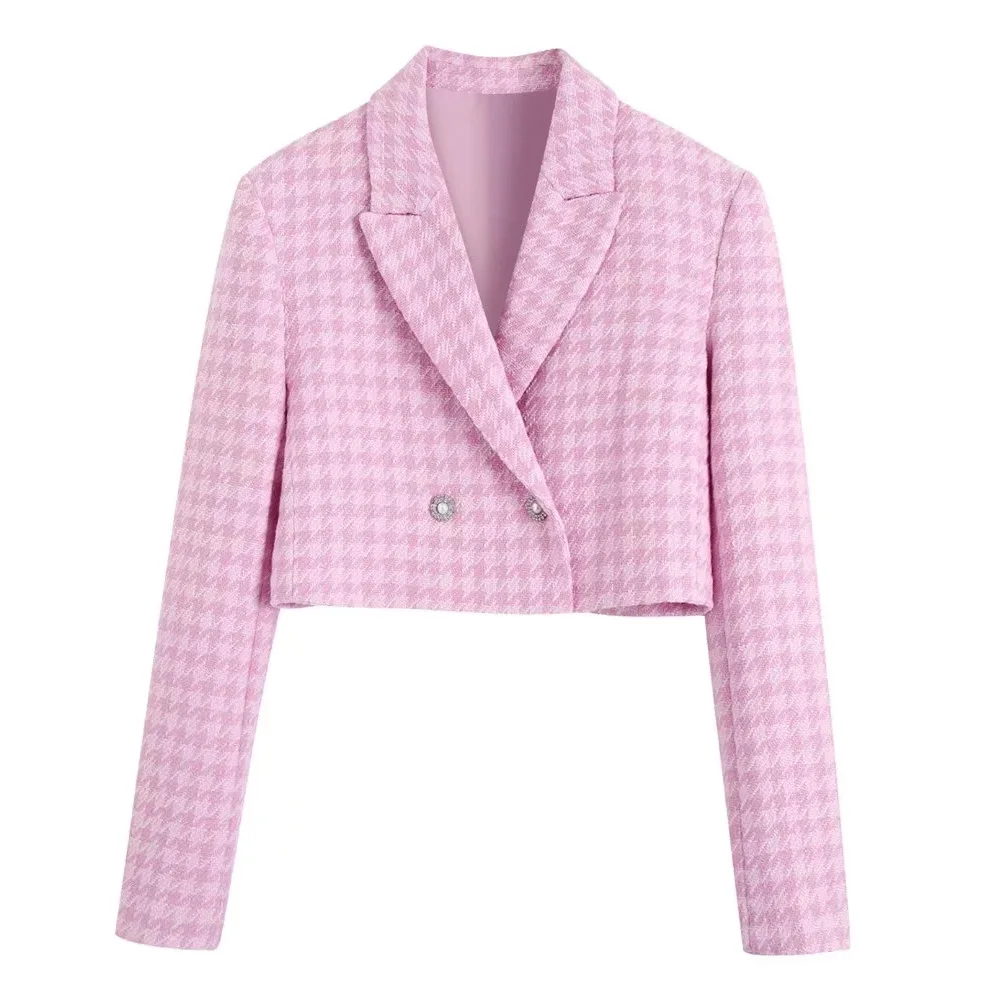 

Women Fashion Tweed Houndstooth Cropped Blazer Coat Vintage Long Sleeve With Bejewelled Buttons Female Outerwear Mujer