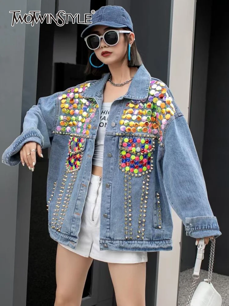 

TWOTWINSTYLE Patchwork Rivet Coat For Women Lapel Long Sleeve Loose Spliced Diamond Hit Color Streetwear Denim Jacket Female New