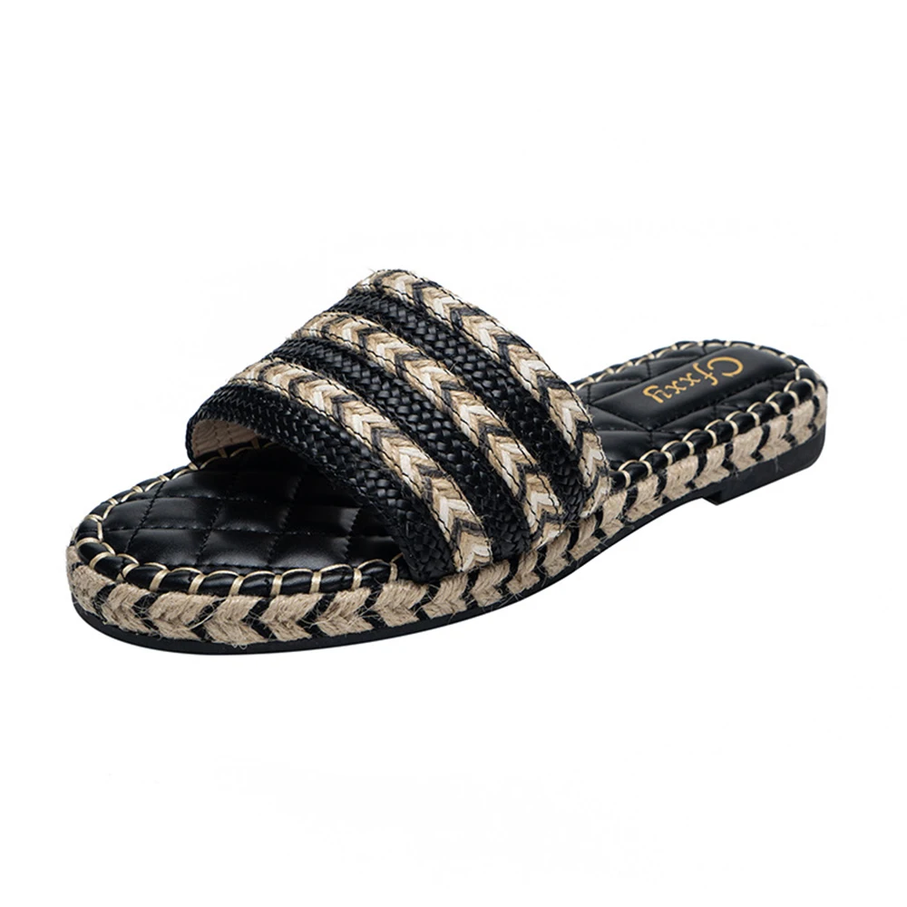 

Шлепанцы женские на плоской подошве, соломенные плетеные мюли в полоску, открытый носок, летние шлепанцы, cx776