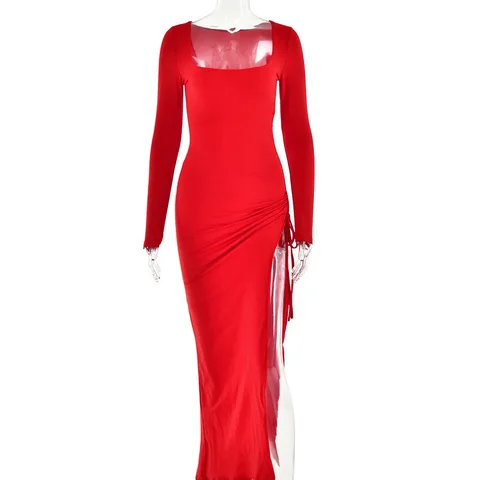 Женское облегающее платье макси CM.YAYA, осеннее платье средней длины с U-образным вырезом, длинным рукавом, кулиской и рюшами, с разрезом сбоку, 2023