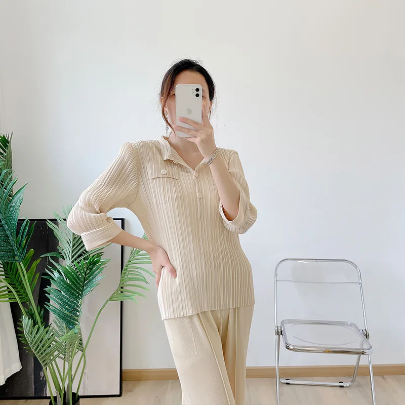 

Pleated shirt new style lapel single breasted cardigan loose top pleated women's clothing