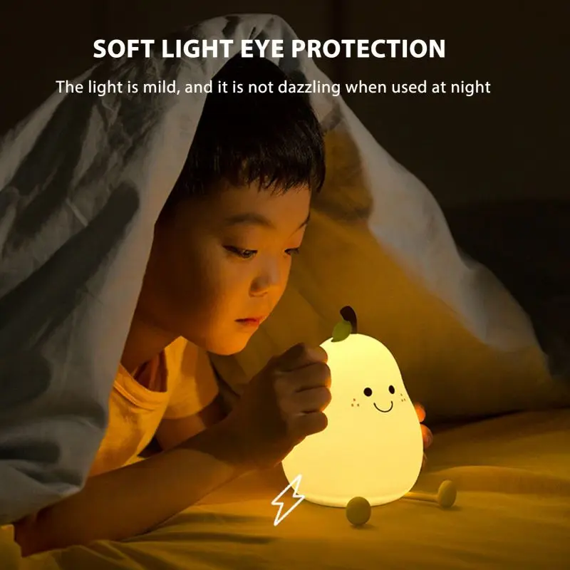 

Cute Rechargeable LED Pear Night Light Dimmable 7 Color Silicone Pat Table Lamp Children Kids Gift Baby Bedroom Bedside Nursery