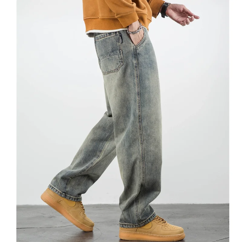 Streetwear Men 2022 New Casual Yellow Mud Dyed Jeans Straight for Men, Loose and Casual Vintage Sag Wide Leg Pants Autumn Female