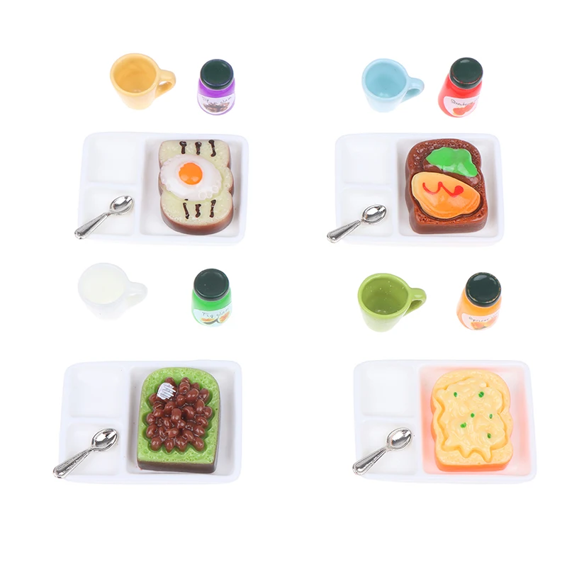 

5Pcs/set 1:12 Dollhouse MIniature Breakfast Set Mini Toast Bread Jam Tray Coffee Mug Spoon Set Kitchen Doll House Accessoreis
