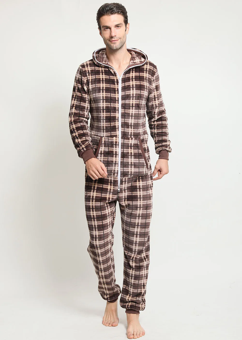 2022 Sleepwear for Men Pajamas Hoodies Robe Flannel Plaid One Piece Full Zipper Mens Onesie Long-sleeved Plaid Pijamas Hombre