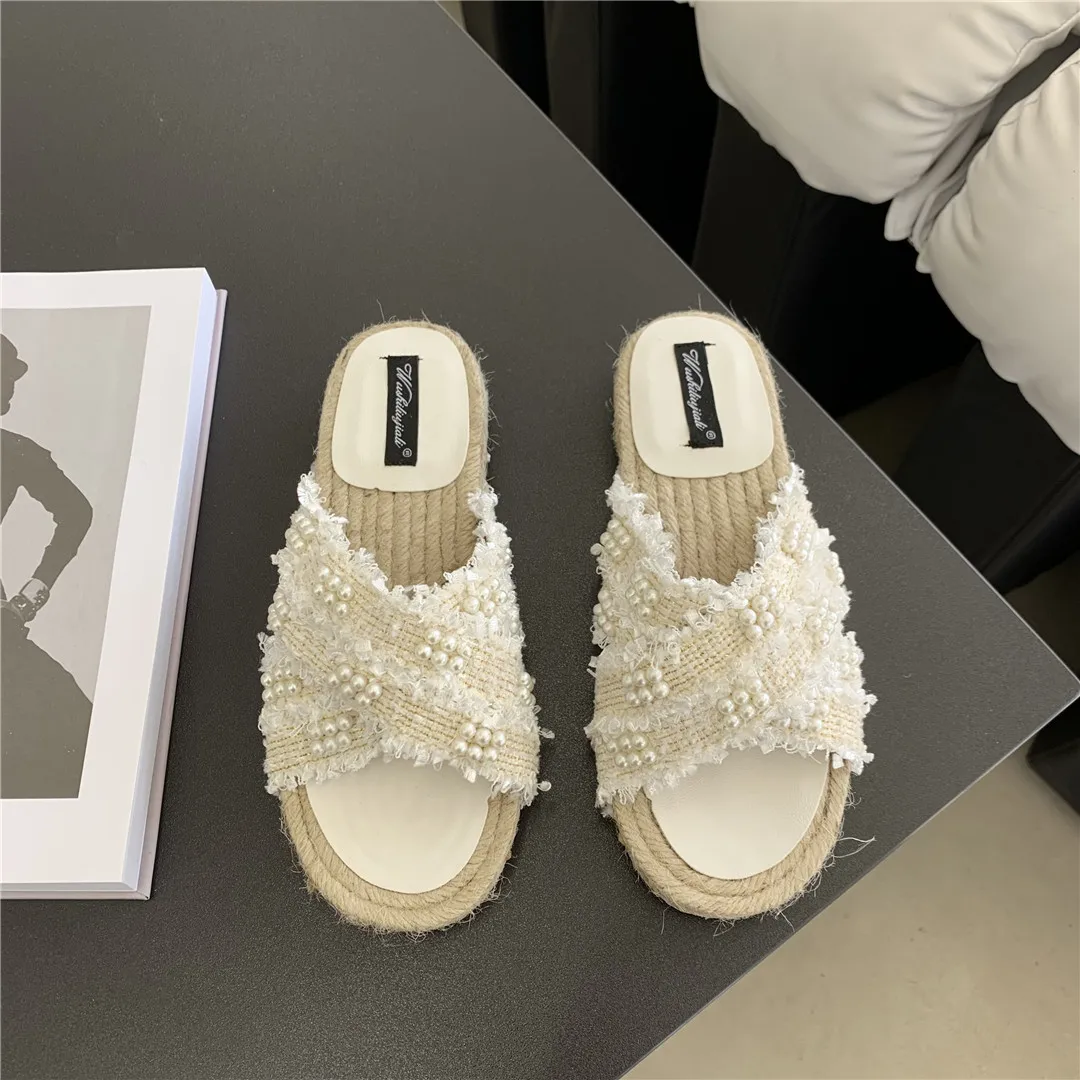 

String Bead Beach Shoes Slippers Soft Slides Low Slipers Women Fashion Sabot Comfort Flat 2023 Luxury Rome PU Fabric Rubber Hoof