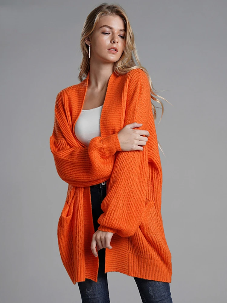 

Зимние кардиганы 2022, верхняя одежда, пальто с карманами, Оранжевая женская вязаная куртка оверсайз, свитер, длинный женский кардиган