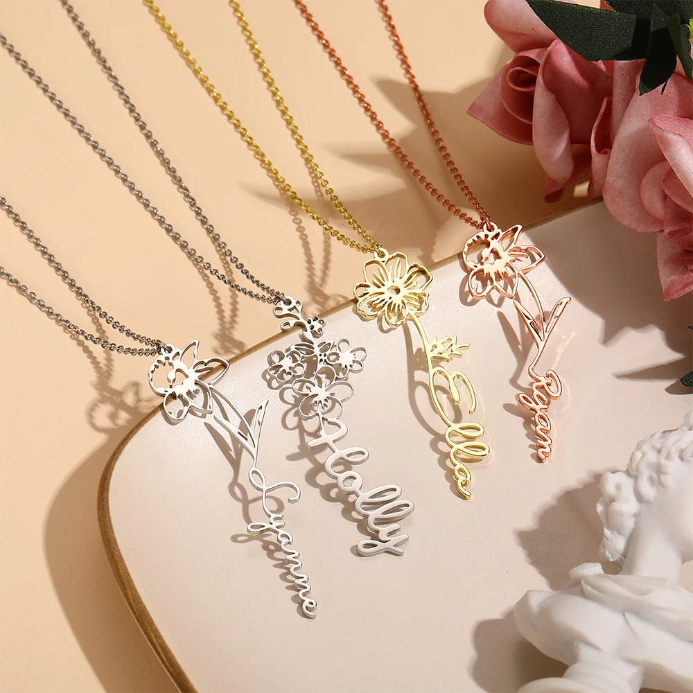 

Bipin Birthday Flower Name Necklace Stainless Steel 14K Gold Plated Custom Necklace Valentine's Day Birthday Gift 3 Colors