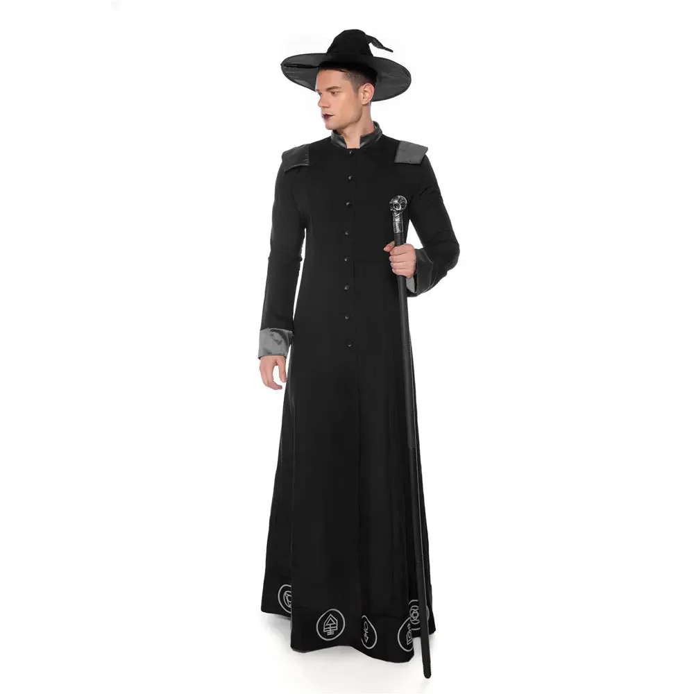 Мужской магический волшебник костюм колдуна черный на Хэллоуин темный колдун