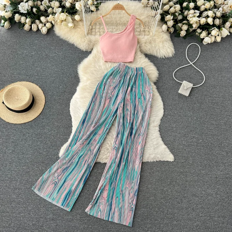 

Skew Collar Solid Color Vest Chest Pad Crop Top Suit+high Waist Slim Chic Print Wide Leg Pant Y2k Summer Set Women 2 Pieces