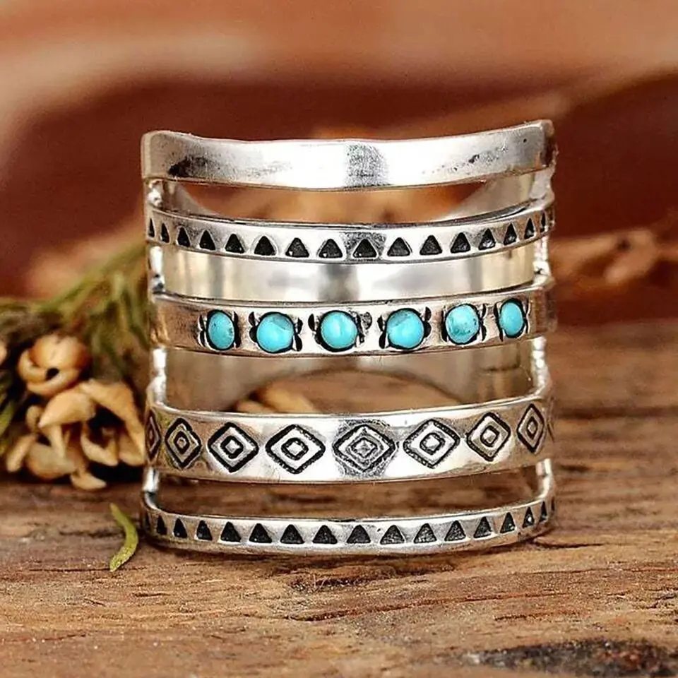 

Bohemia Turquoise Inlaid Finger Joint Ring for Women Antique Engraving Geometric Pattern Female Statement Party Wedding RingGift