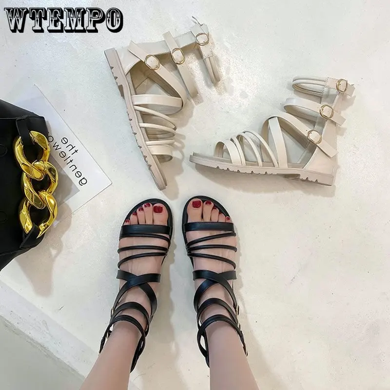 WTEMPO Casual Flats Platform Buckle Women Open Toe Sandals Fashion Summer Sport Thick Beach Women Shoes Rome Lace Up Wholesale
