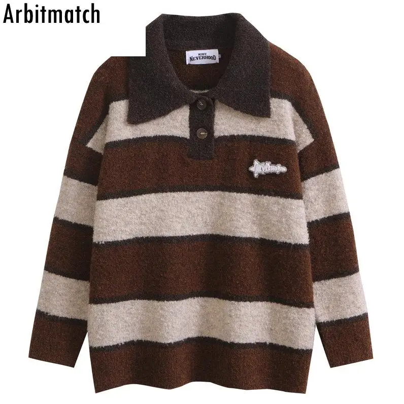 

Vintage Men Fashion Polo Collar Knitted Stripe Sweater 2022 Autumn Winter Long Sleeve Knitted Academic Style Sweater Pullover